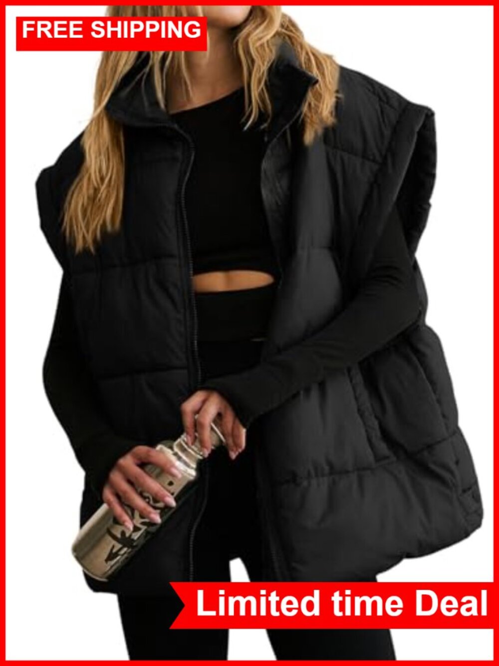 Dokotoo Women's Oversized Quilted Puffer Vest Zip Up Stand Collar Sleeveless